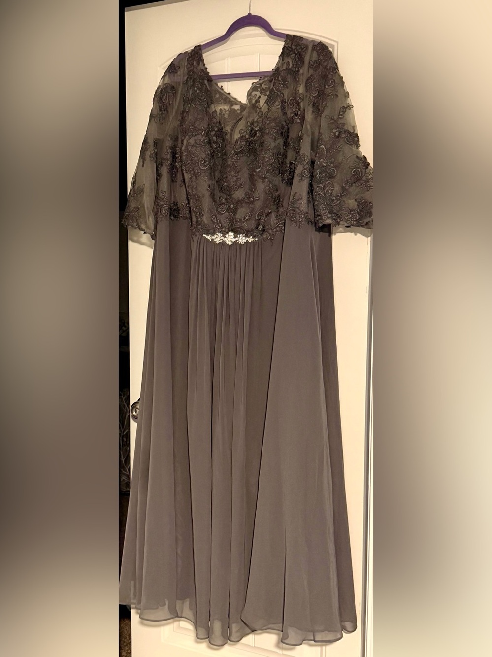 Azazie Steel Grey Embroidered Lace Bodice Long Sleeve Gown and Chiffon Wrap